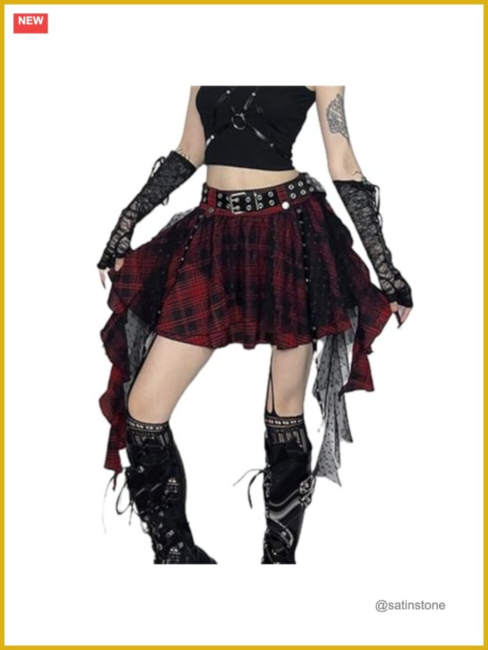 Punk Goth Plaid High Waist A-Line Mini Skirt Flared Asymmetrical